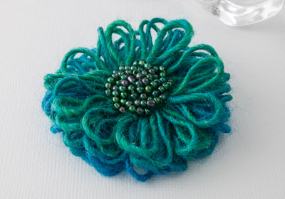 Green and Blue Beaded Flower Brooch