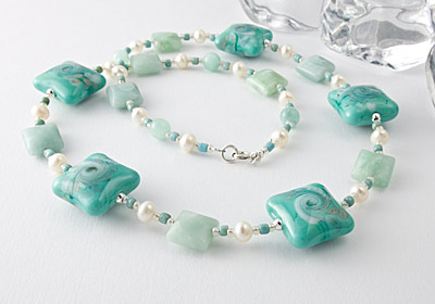 Lampwork Glass, Amazonite and Pearl Necklace