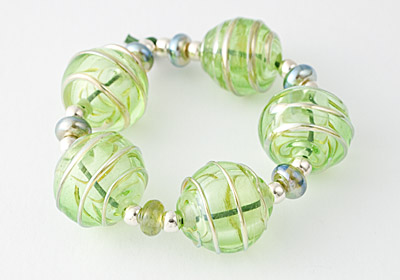 Green and Gold Hollow Lampwork Beads