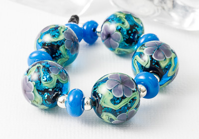 Blue Glitter Flower Lampwork Beads