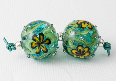 Turquoise Flower Lampwork Bead Pair