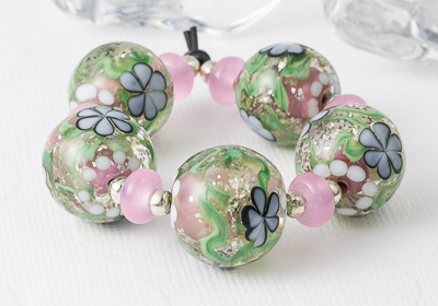 Pink Glitter Flower Lampwork Beads