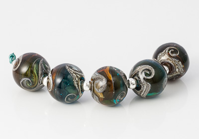 Amber and Turquoise Swirly Lampwork Beads