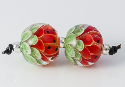 Watermelon Lampwork Dahlia Bead Pair Watermelon Lampwork Dahlia Bead Pair