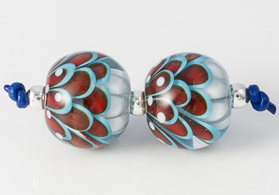 Turquoise and Red Lampwork Dahlia Bead Pair