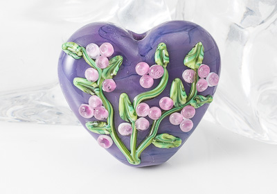Purple Flower Lampwork Heart Bead