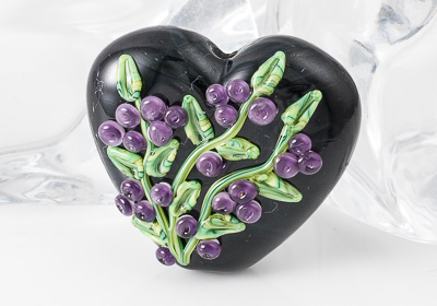 Black Flower Lampwork Heart Bead
