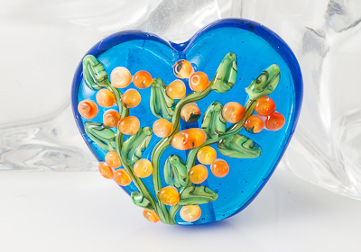 Turquoise Flower Lampwork Heart Bead
