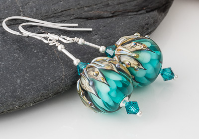 Teal Flowery Lampwork Earrings