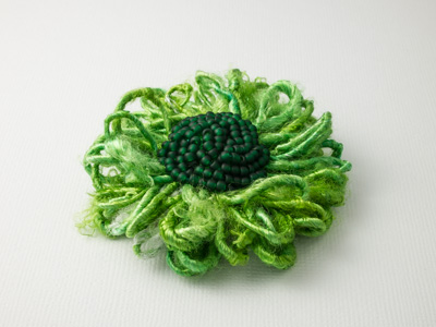 Bright Green Beaded Flower Brooch