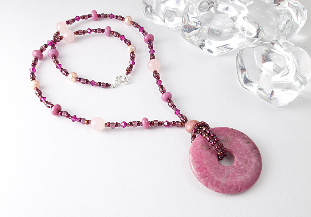 Rhodonite Pendant Lampwork Necklace by Ciel Creations